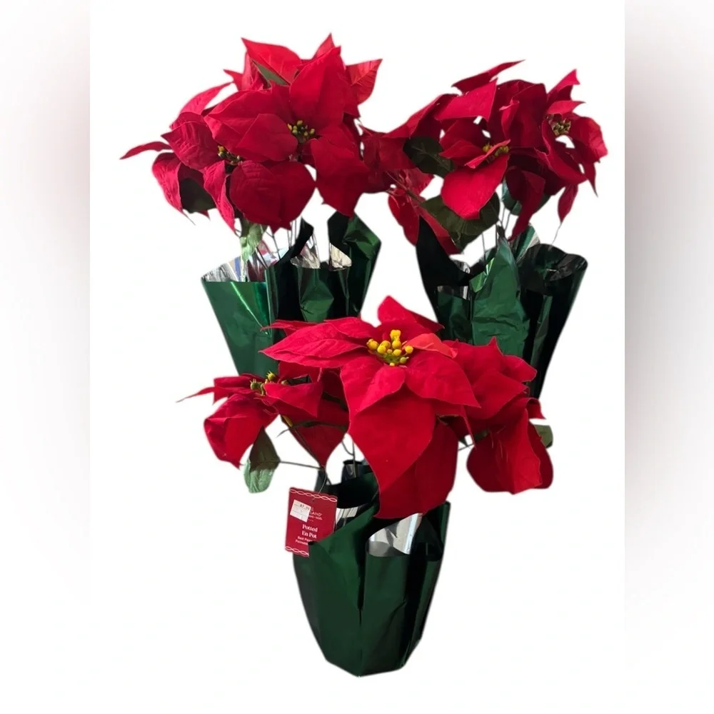 Faux poinsetta & berry potted plants NEW NWT 3 total Christmas decor 15 in tall